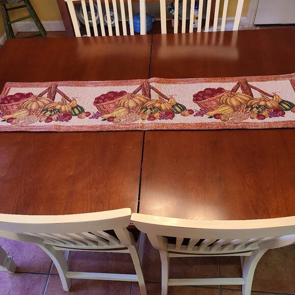 Fall Harvest Thanksgiving Cream Table Runner Baskets Of Pumpkins Squash Decor - Picture 4 of 5